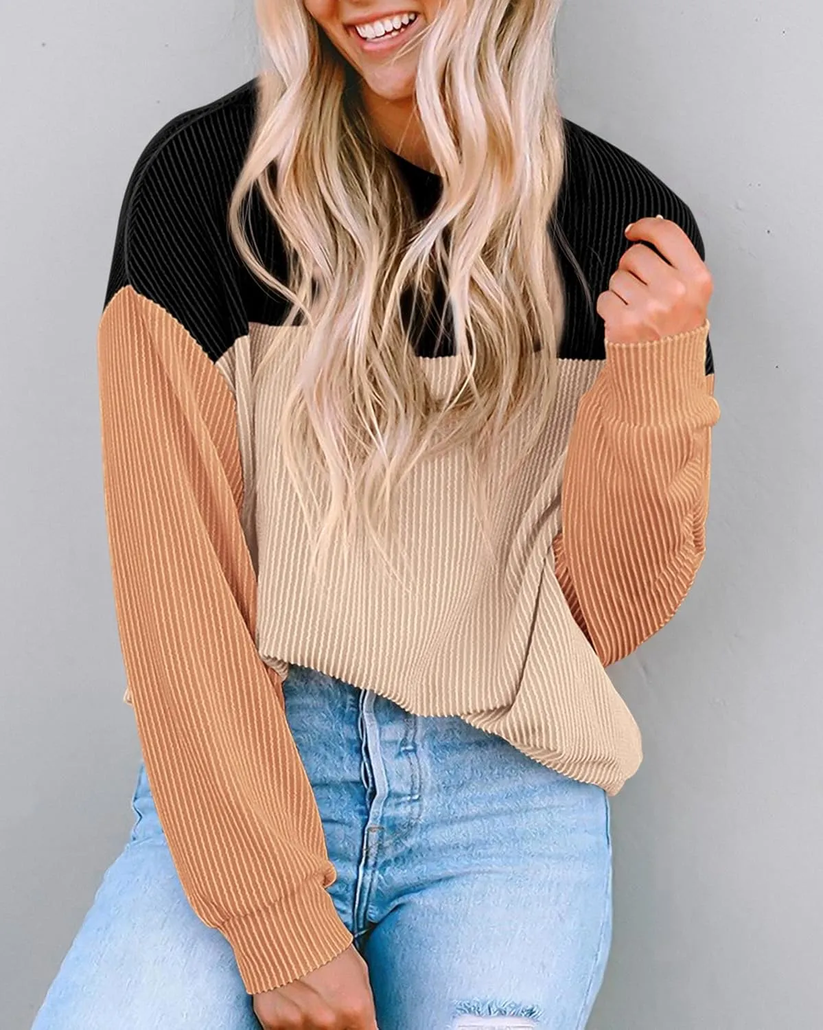 KIRUNDO Womens Spring Fashion 2025 Ribbed Long Sleeve Knit Tops Color Block Casual Loose Crewneck Pullover Shirts Clothing