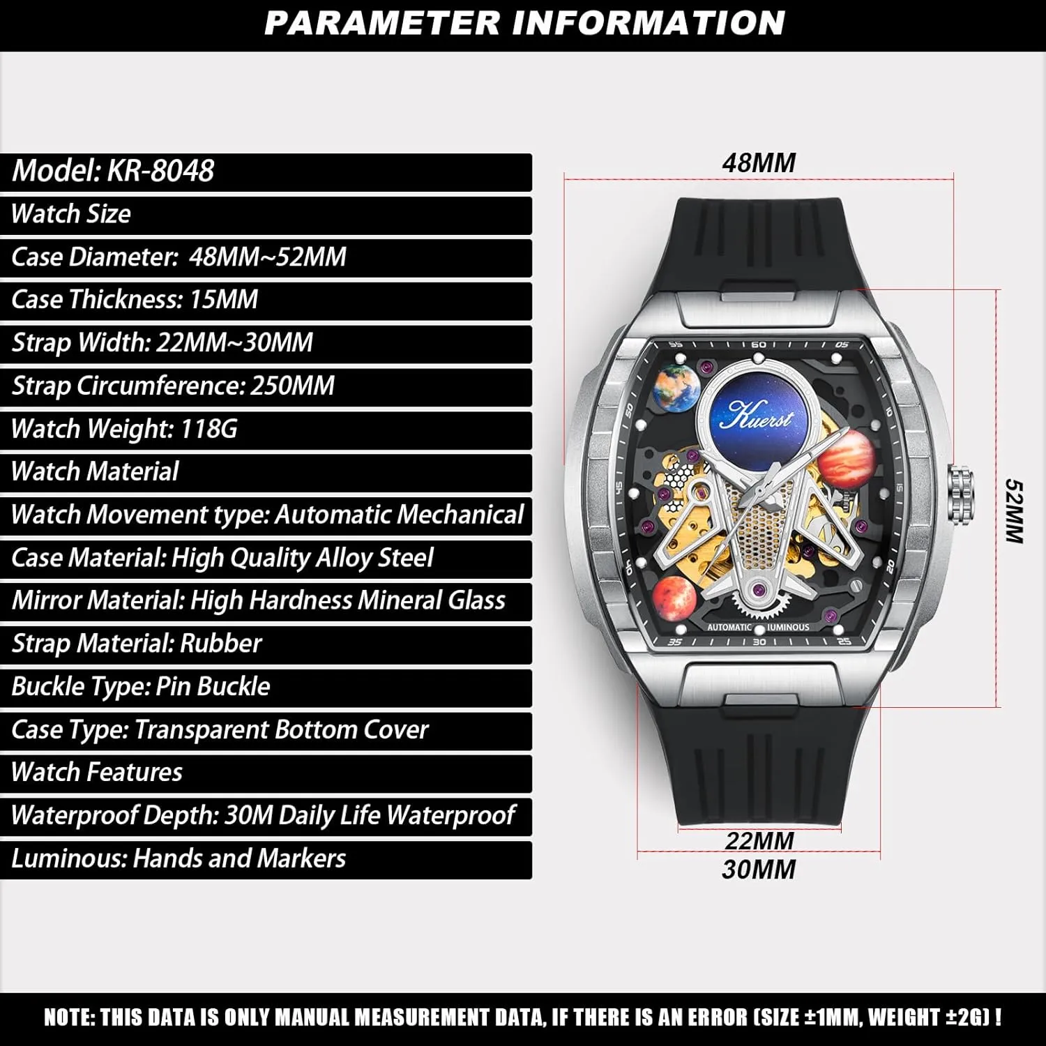 KUERST Men's Automatic Watch Fashion Tonneau Hollow Mechanical Design 30M Waterproof Wrist Watches for Men and Women