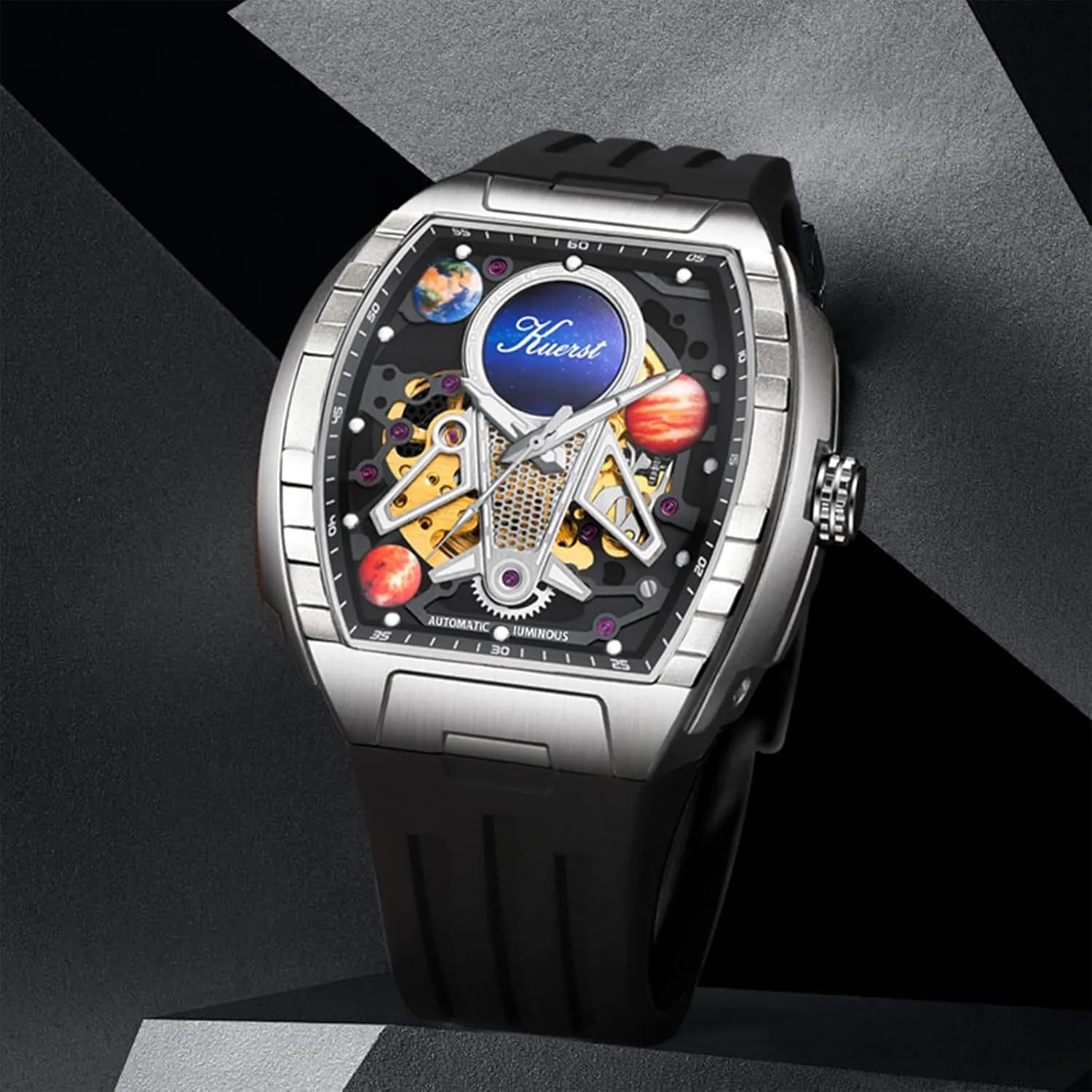 KUERST Men's Automatic Watch Fashion Tonneau Hollow Mechanical Design 30M Waterproof Wrist Watches for Men and Women