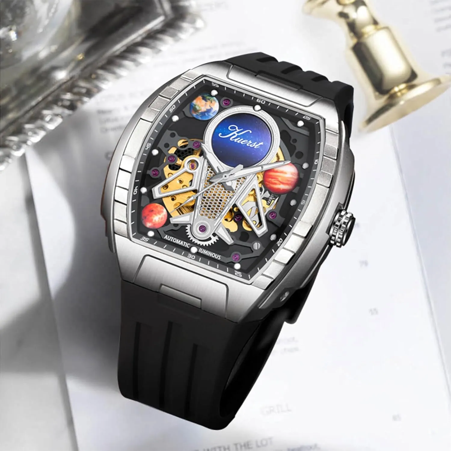 KUERST Men's Automatic Watch Fashion Tonneau Hollow Mechanical Design 30M Waterproof Wrist Watches for Men and Women