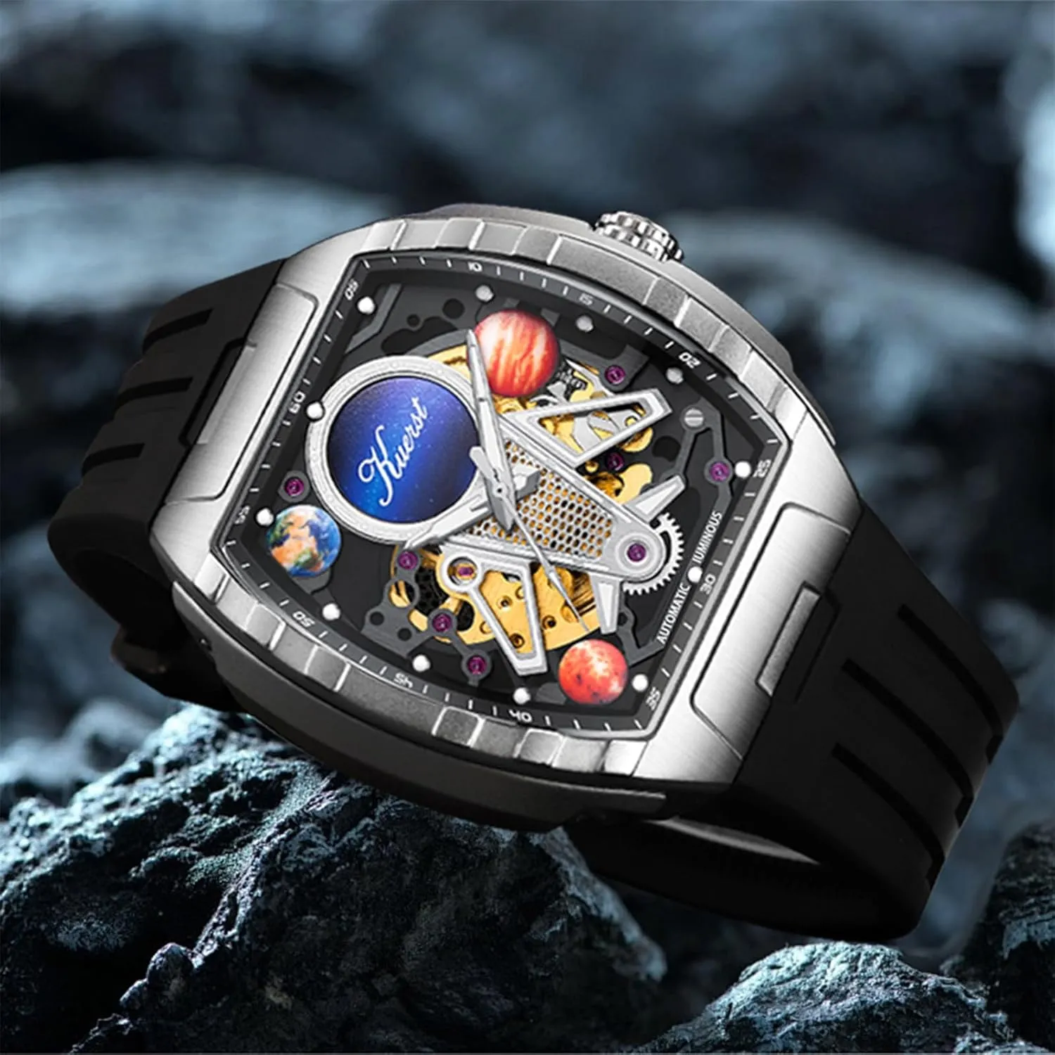 KUERST Men's Automatic Watch Fashion Tonneau Hollow Mechanical Design 30M Waterproof Wrist Watches for Men and Women