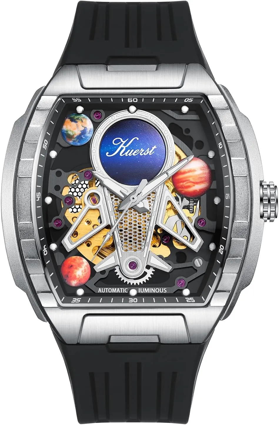 KUERST Men's Automatic Watch Fashion Tonneau Hollow Mechanical Design 30M Waterproof Wrist Watches for Men and Women