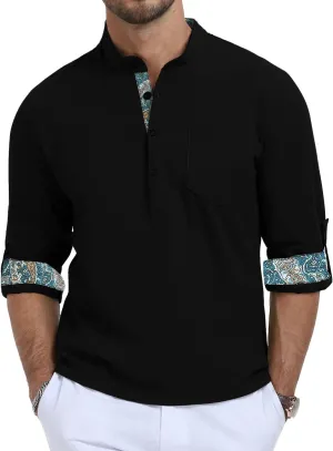 KUYIGO Mens Cotton Linen Henley Shirts Casual Regular Long Sleeve Shirt Button Down T-Shirt