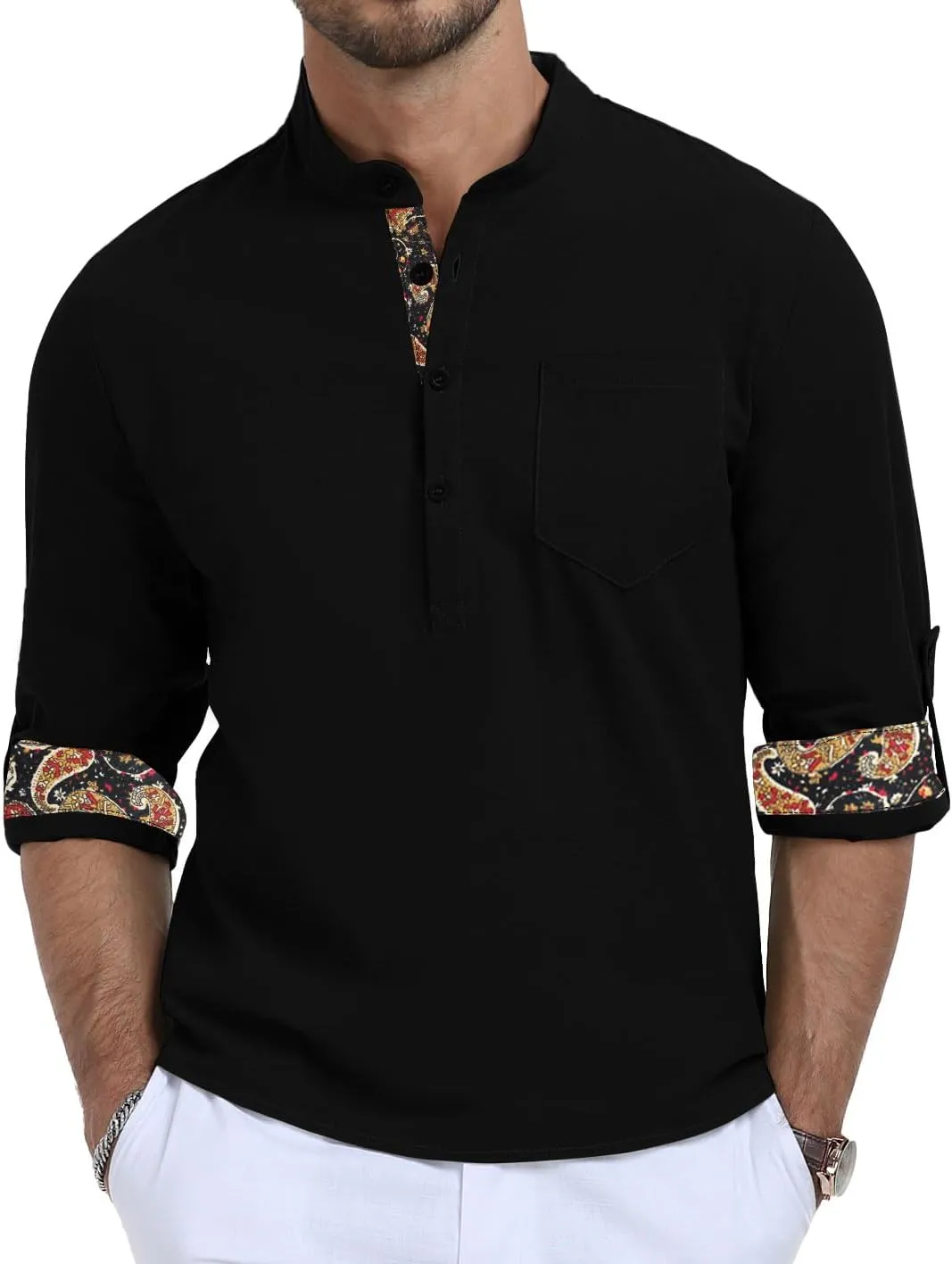 KUYIGO Mens Cotton Linen Henley Shirts Casual Regular Long Sleeve Shirt Button Down T-Shirt
