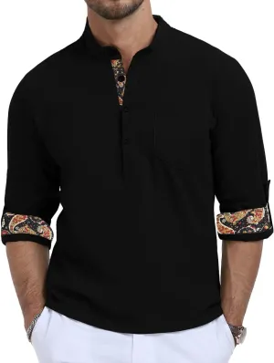 KUYIGO Mens Cotton Linen Henley Shirts Casual Regular Long Sleeve Shirt Button Down T-Shirt