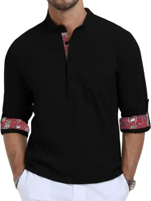 KUYIGO Mens Cotton Linen Henley Shirts Casual Regular Long Sleeve Shirt Button Down T-Shirt