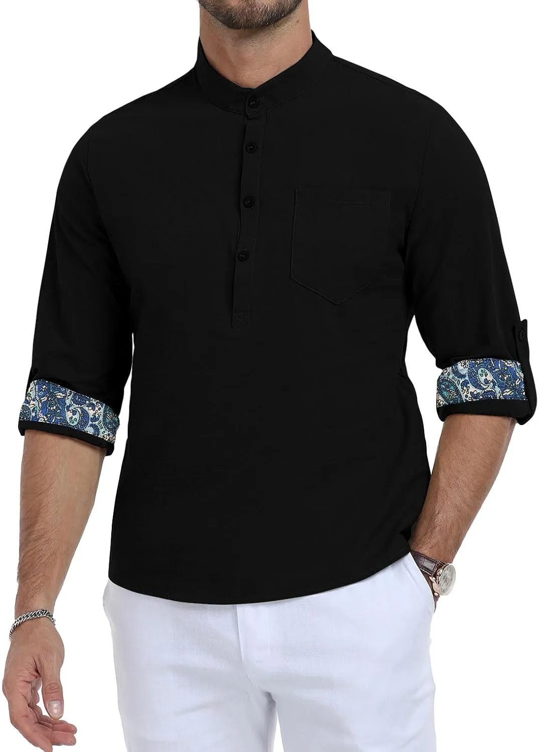 KUYIGO Mens Cotton Linen Henley Shirts Casual Regular Long Sleeve Shirt Button Down T-Shirt