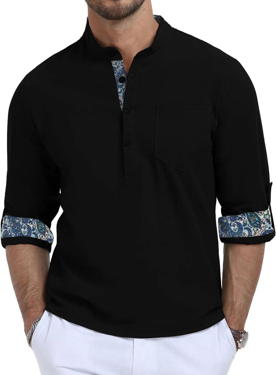 KUYIGO Mens Cotton Linen Henley Shirts Casual Regular Long Sleeve Shirt Button Down T-Shirt