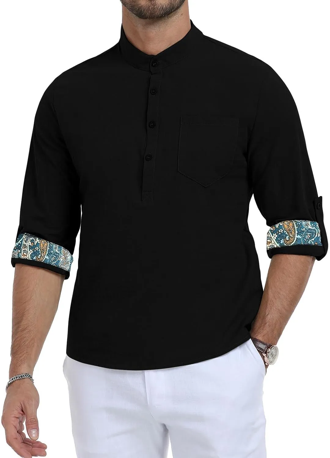 KUYIGO Mens Cotton Linen Henley Shirts Casual Regular Long Sleeve Shirt Button Down T-Shirt