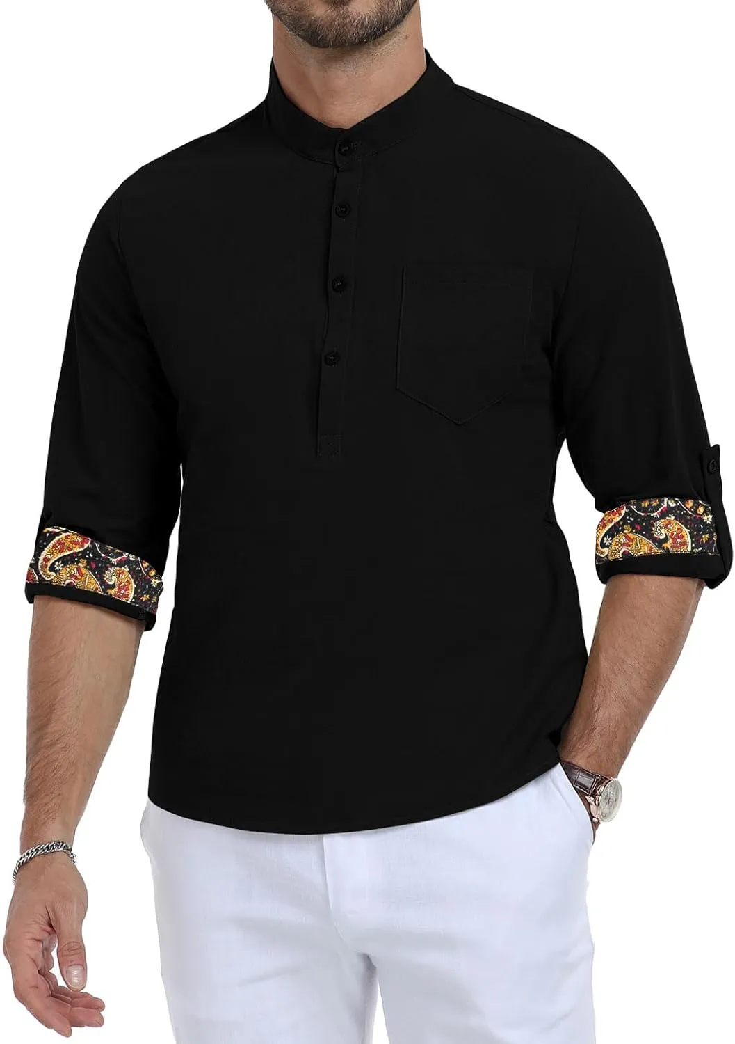 KUYIGO Mens Cotton Linen Henley Shirts Casual Regular Long Sleeve Shirt Button Down T-Shirt