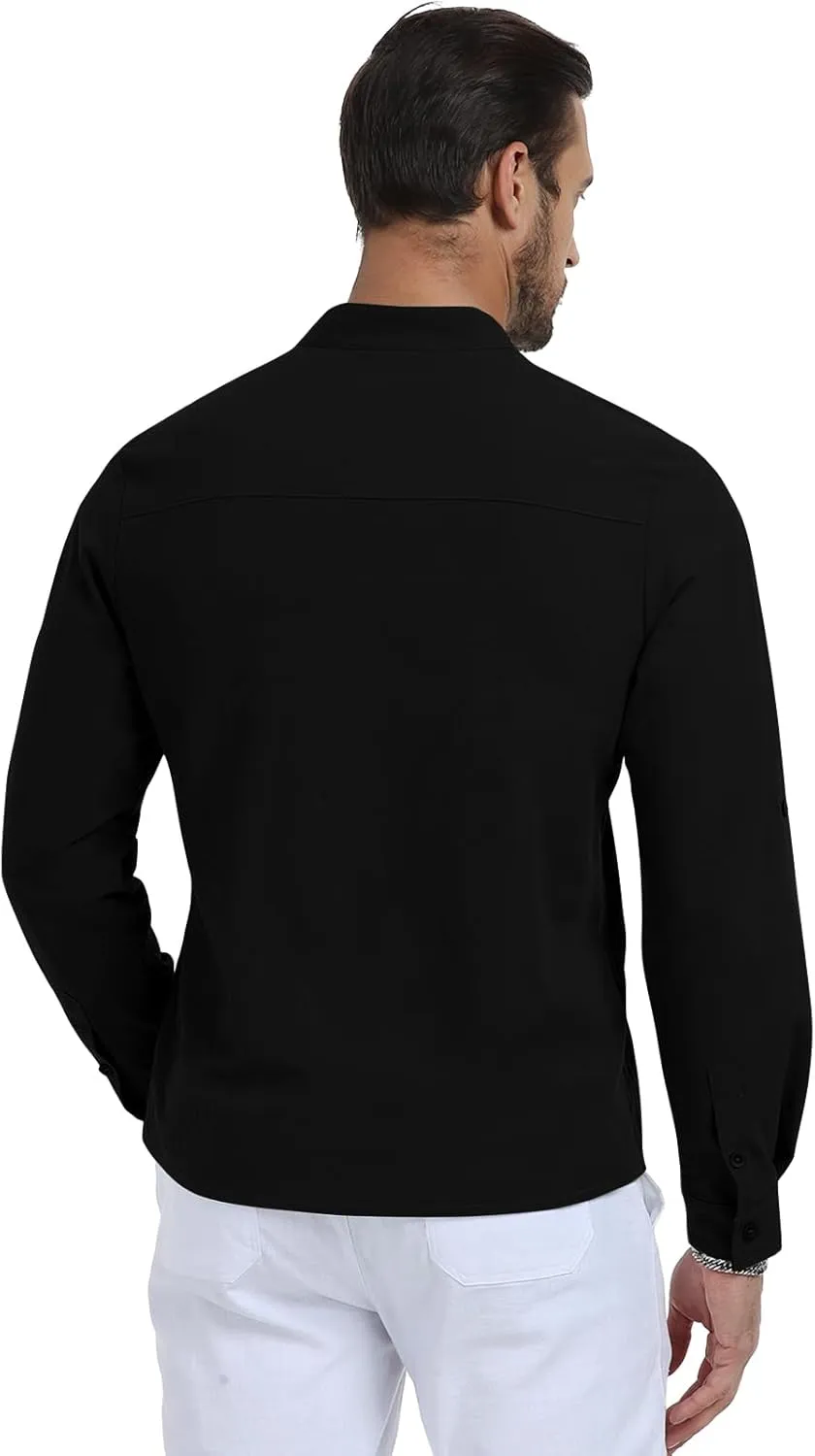 KUYIGO Mens Cotton Linen Henley Shirts Casual Regular Long Sleeve Shirt Button Down T-Shirt