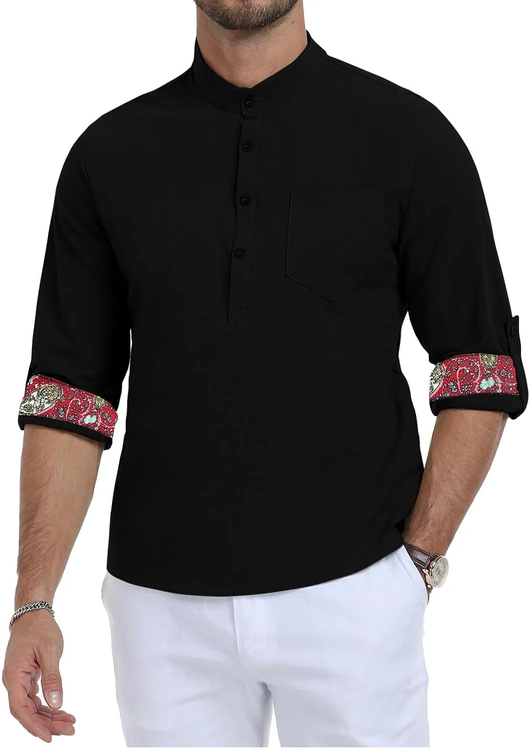 KUYIGO Mens Cotton Linen Henley Shirts Casual Regular Long Sleeve Shirt Button Down T-Shirt