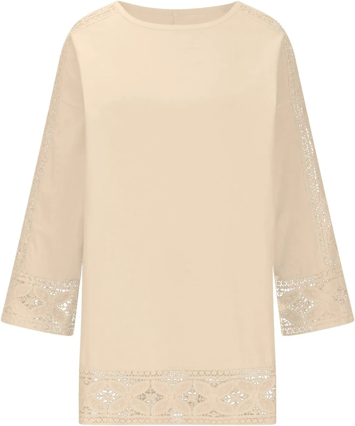 Lace Hollow Out Cotton Linen T Shirts for Women Casual Summer 2025 Crewneck 3/4 Sleeve Tops Loose Vacation Boho Tees