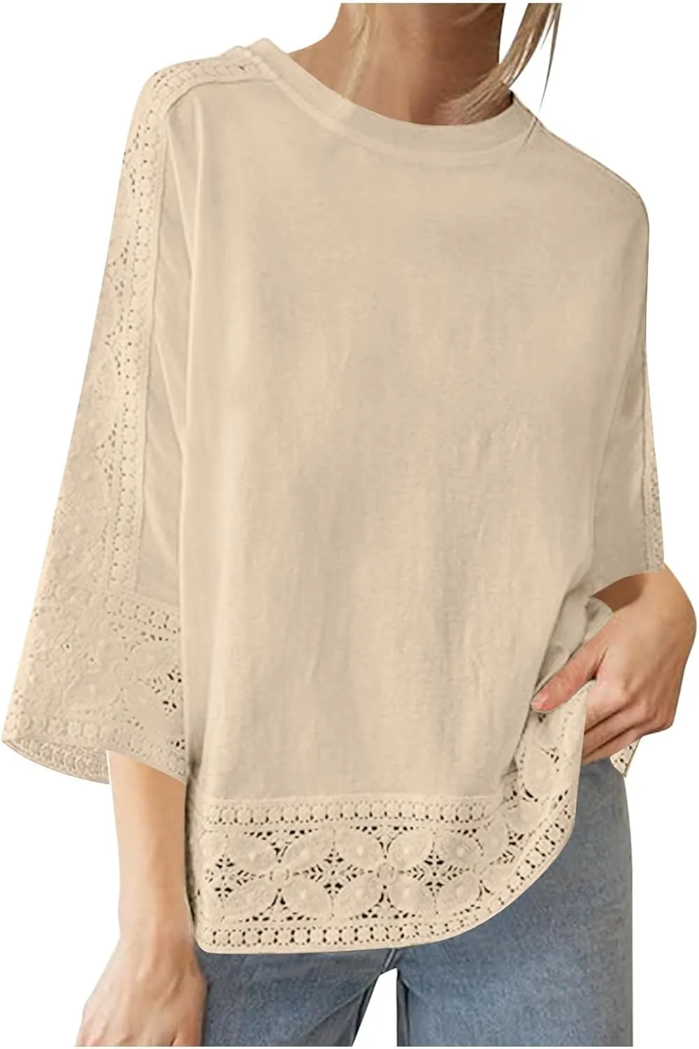 Lace Hollow Out Cotton Linen T Shirts for Women Casual Summer 2025 Crewneck 3/4 Sleeve Tops Loose Vacation Boho Tees