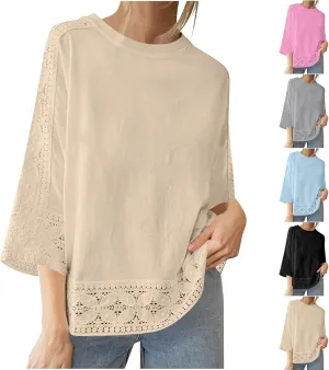 Lace Hollow Out Cotton Linen T Shirts for Women Casual Summer 2025 Crewneck 3/4 Sleeve Tops Loose Vacation Boho Tees
