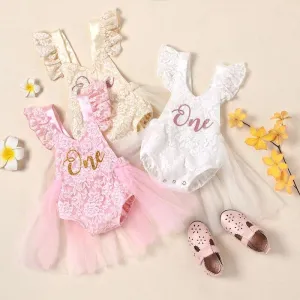Lacey - Baby Girls First Birthday Lace Romper   Glitter One