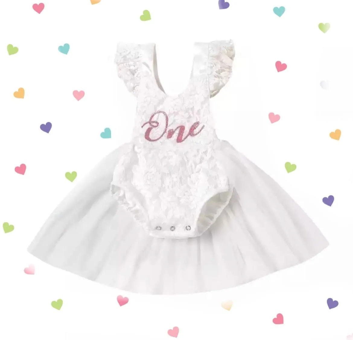 Lacey - Baby Girls First Birthday Lace Romper   Glitter One