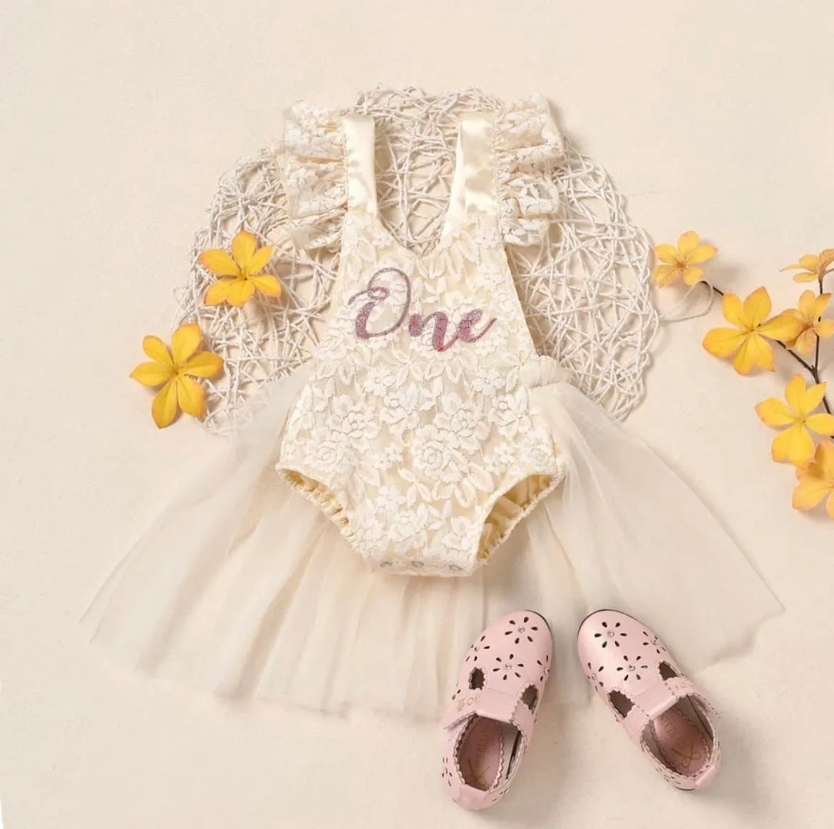 Lacey - Baby Girls First Birthday Lace Romper   Glitter One