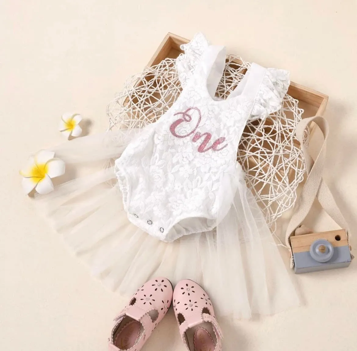 Lacey - Baby Girls First Birthday Lace Romper   Glitter One