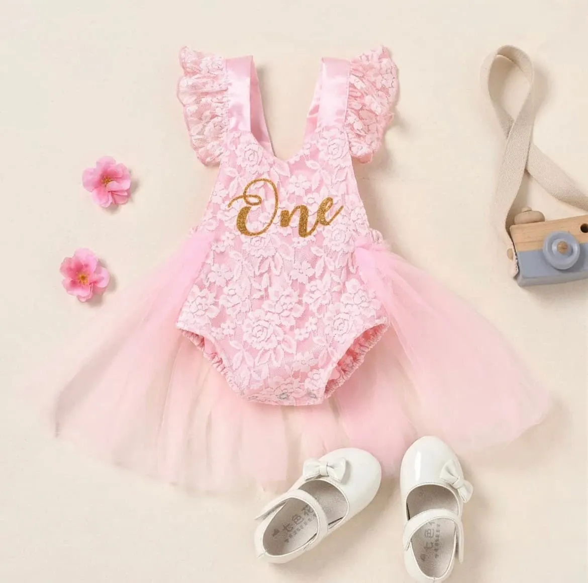 Lacey - Baby Girls First Birthday Lace Romper   Glitter One