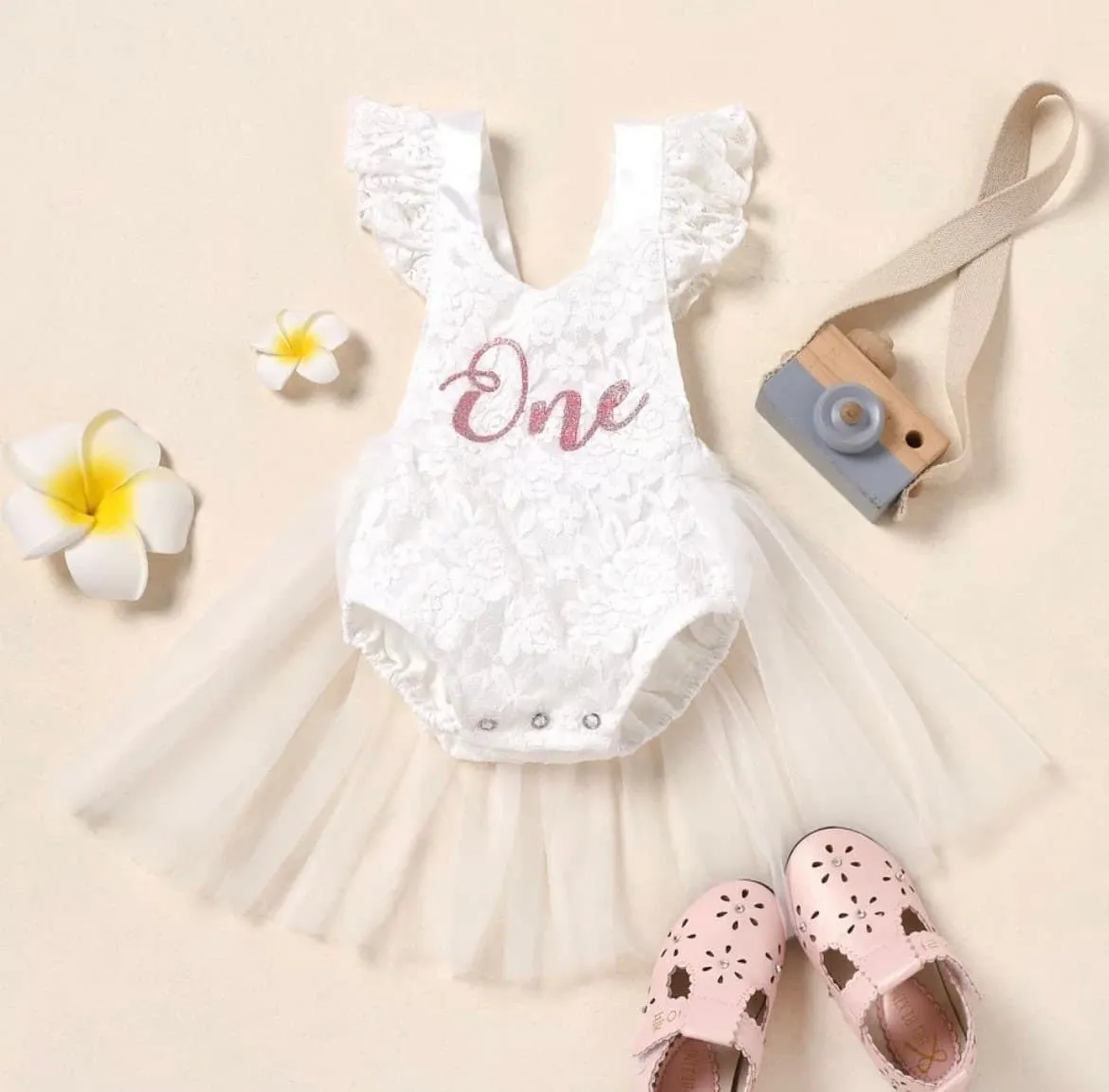 Lacey - Baby Girls First Birthday Lace Romper   Glitter One