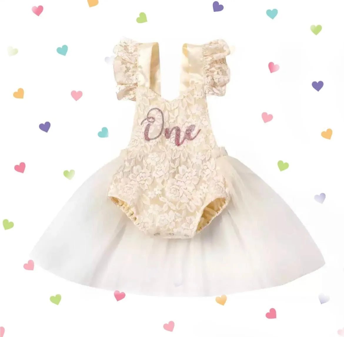 Lacey - Baby Girls First Birthday Lace Romper   Glitter One
