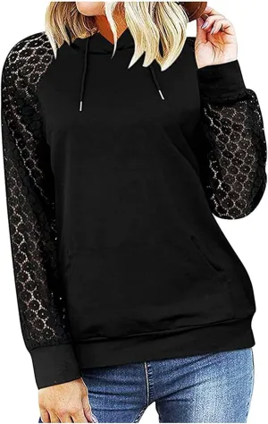 Ladies Tops, Floral Lace Long Sleeve Hoodies with Pocket Fashion Fall Outfits Casual Hoodie Comfy Spring Clothes