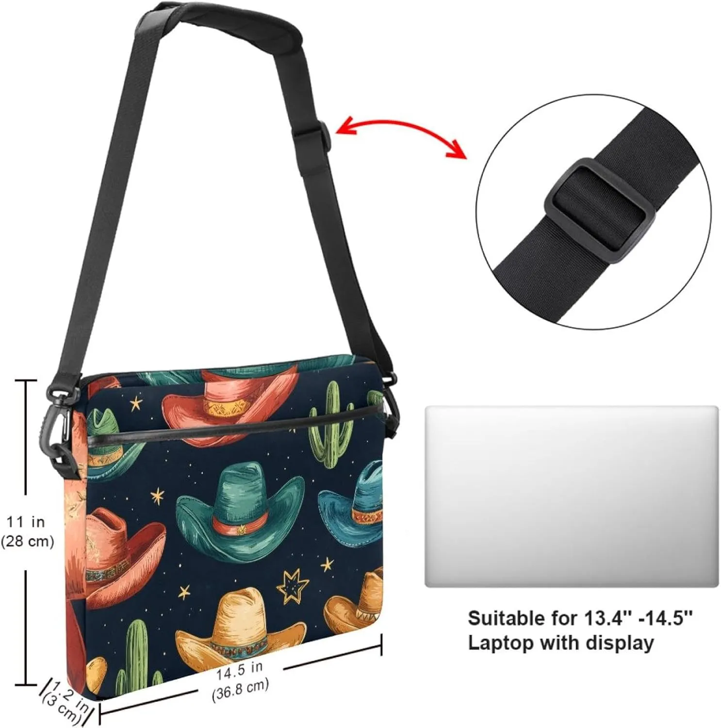 Laptop Shoulder Bag Western Cowboy Hats Pattern Padded Computer Briefcase for Adults, 13.4-14.5 Inch