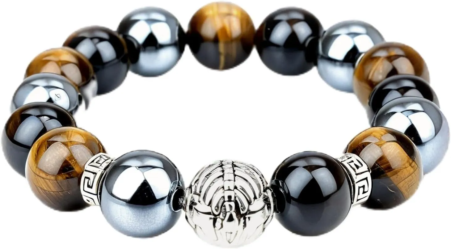 Large 14mm Tiger's Eye Obsidian Hematite Triple Protection Bracelet - Lucky Spacers Unisex Stretch Bracelet, Blessing Healing Jewelry, Great Gift Choice for Parents/Partners/Employees