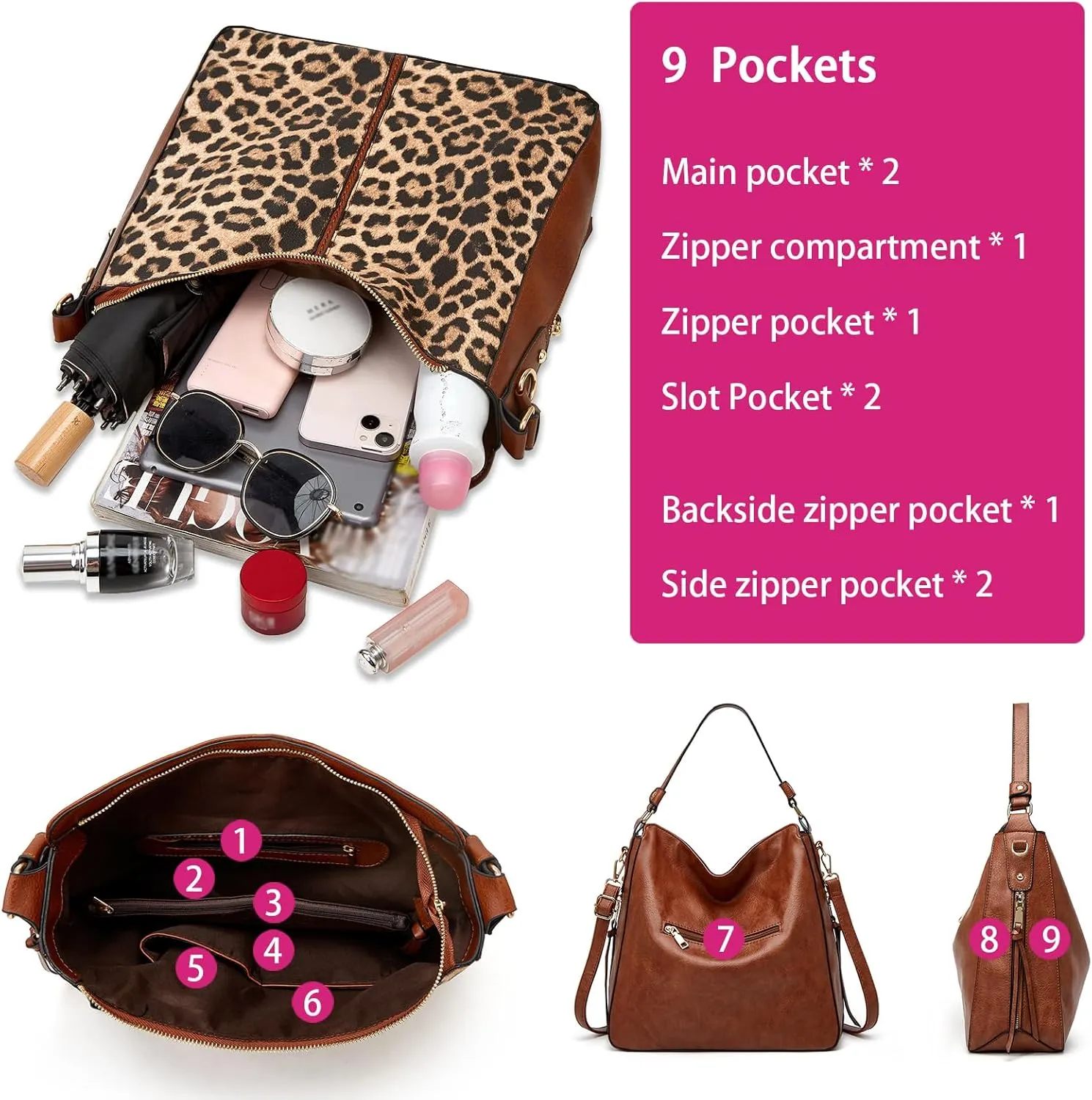 Large Trendy Designer Hobo Tote Bag for Women, Soft Leather Crossbody Shoulder Handbag, Purse and Wallet Set Black Brown