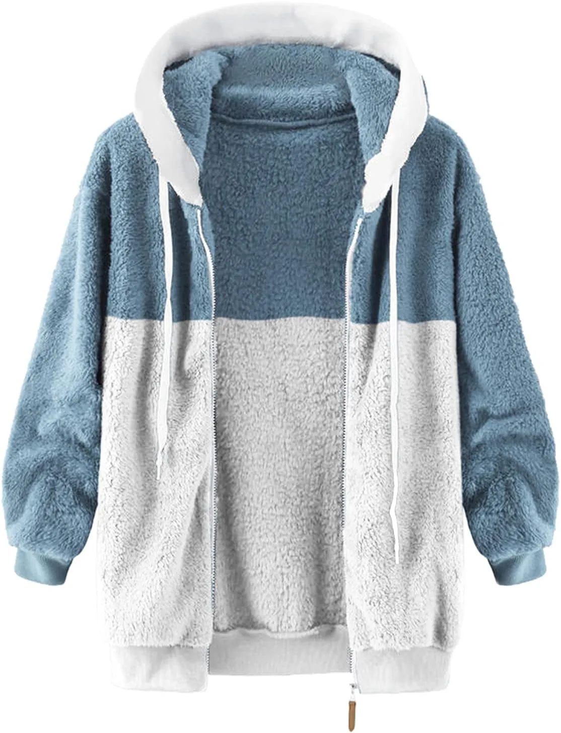 LCMTWX Womens Winter Fuzzy Fleece Jacket Color Artificial Wool Zipper Drawstring Long-Sleeved Hoodie Sweater Coat Hooded