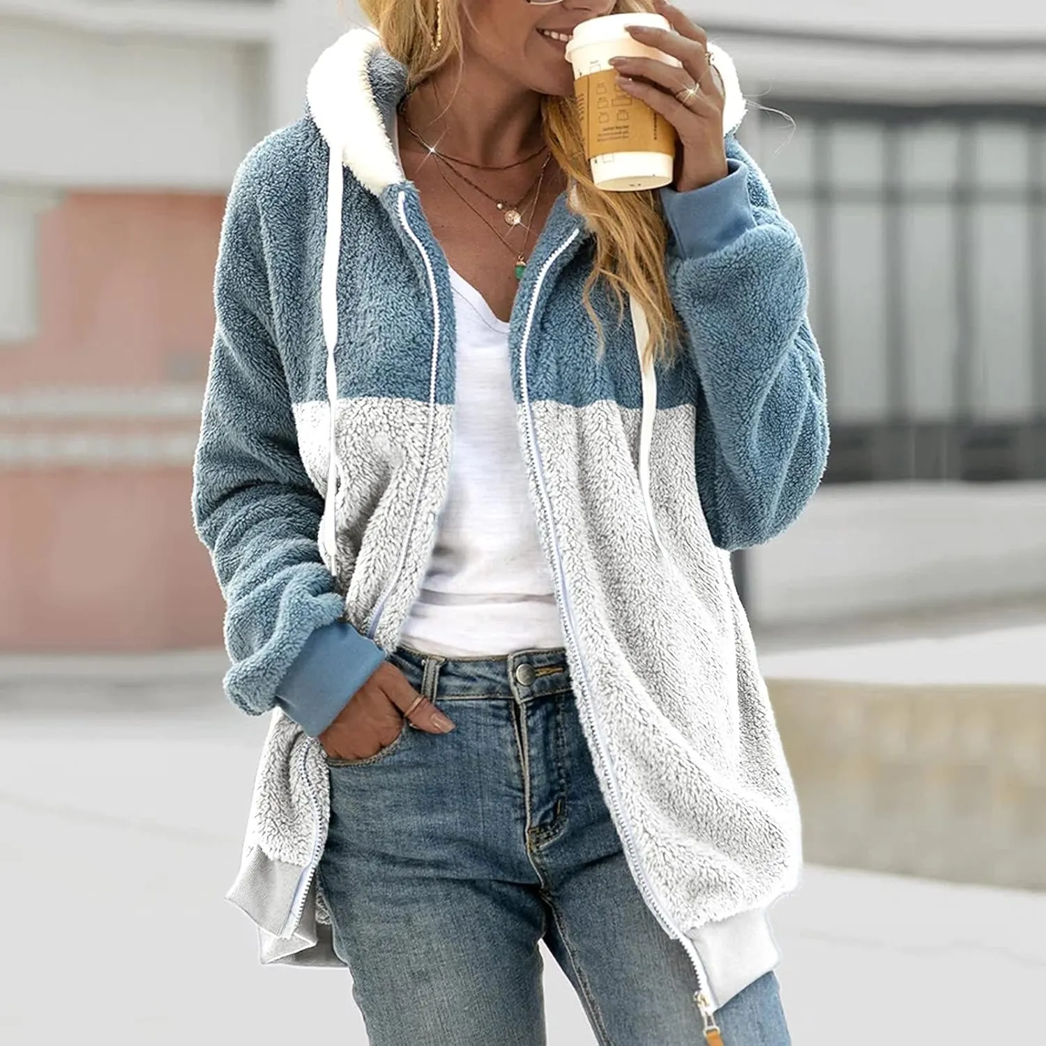 LCMTWX Womens Winter Fuzzy Fleece Jacket Color Artificial Wool Zipper Drawstring Long-Sleeved Hoodie Sweater Coat Hooded