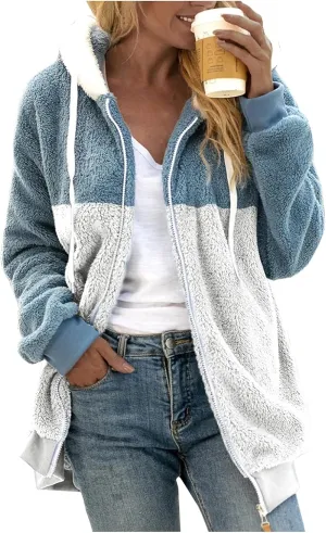 LCMTWX Womens Winter Fuzzy Fleece Jacket Color Artificial Wool Zipper Drawstring Long-Sleeved Hoodie Sweater Coat Hooded