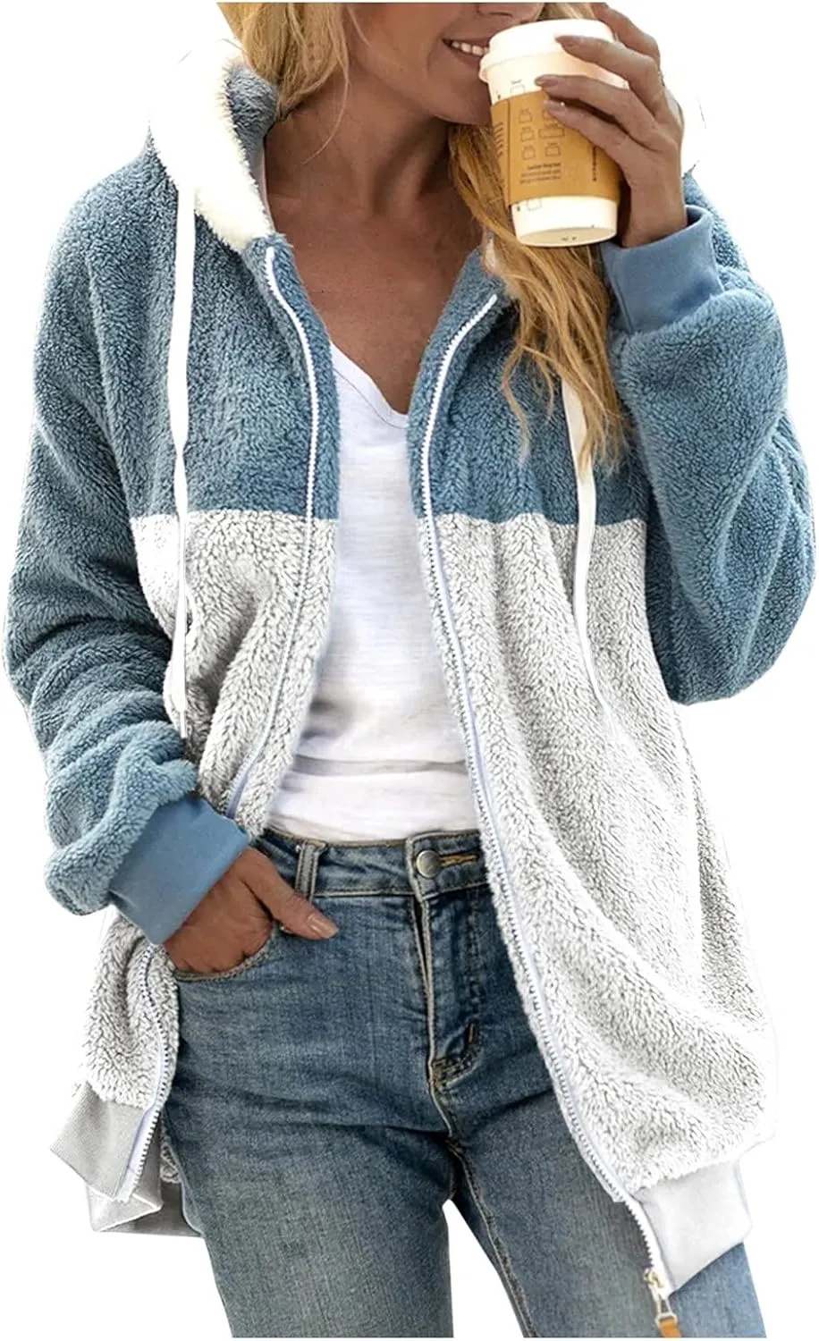 LCMTWX Womens Winter Fuzzy Fleece Jacket Color Artificial Wool Zipper Drawstring Long-Sleeved Hoodie Sweater Coat Hooded