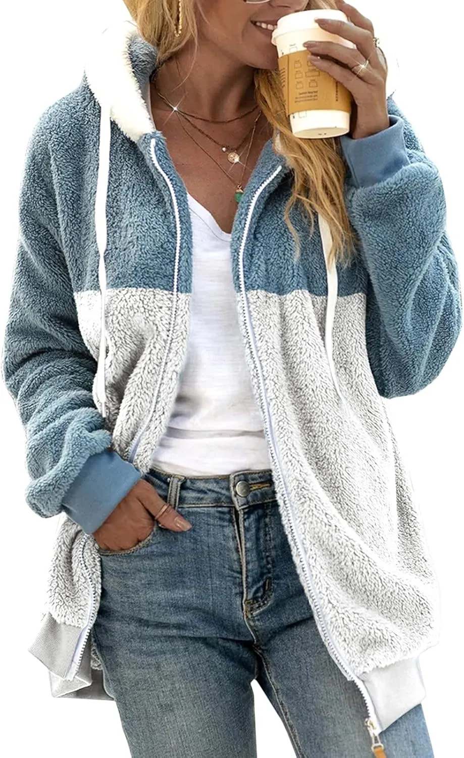 LCMTWX Womens Winter Fuzzy Fleece Jacket Color Artificial Wool Zipper Drawstring Long-Sleeved Hoodie Sweater Coat Hooded