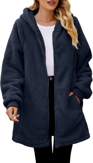 LCMTWX Womens Winter Fuzzy Fleece Jacket Outdoor Slim Outwear Office Casual Plush Cardigan Trendy Overcoat Hooded Coats