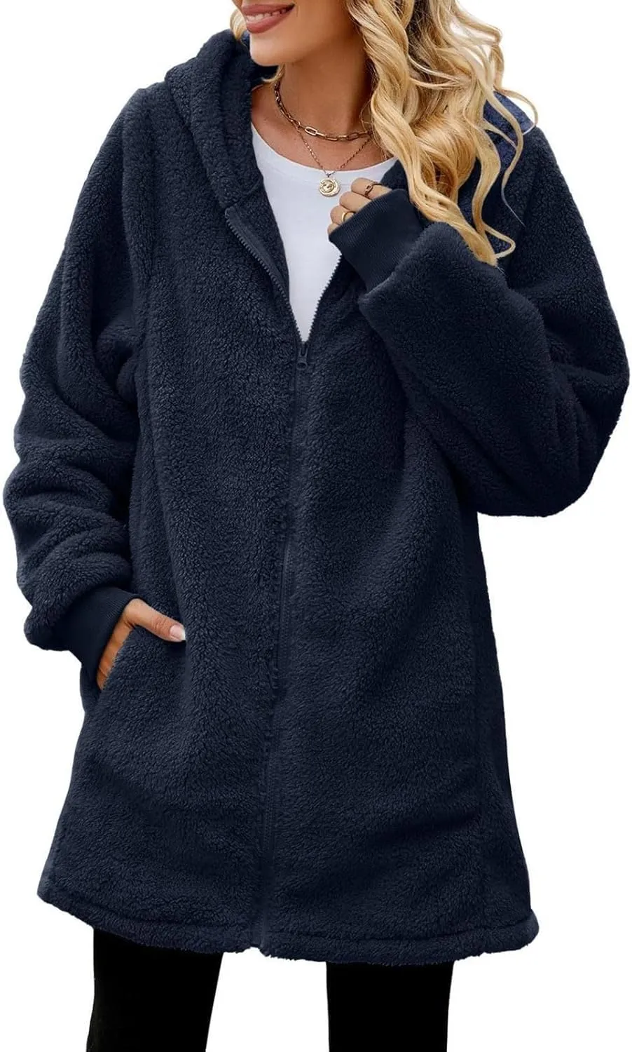 LCMTWX Womens Winter Fuzzy Fleece Jacket Outdoor Slim Outwear Office Casual Plush Cardigan Trendy Overcoat Hooded Coats