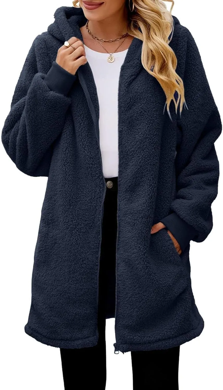 LCMTWX Womens Winter Fuzzy Fleece Jacket Outdoor Slim Outwear Office Casual Plush Cardigan Trendy Overcoat Hooded Coats
