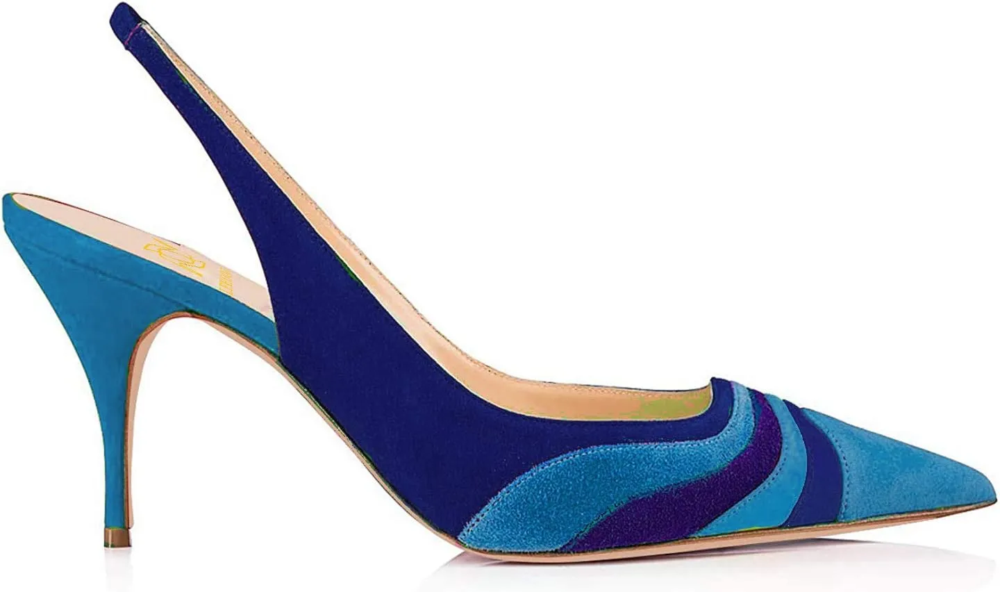 LEHOOR Women Rainbow Slingback Pumps Kitten Heels Pointed Toe Suede, Multicolor High Heel Pumps Stiletto Elastic Strap Closed Toe for Ladies Dress Party 5-13 M US