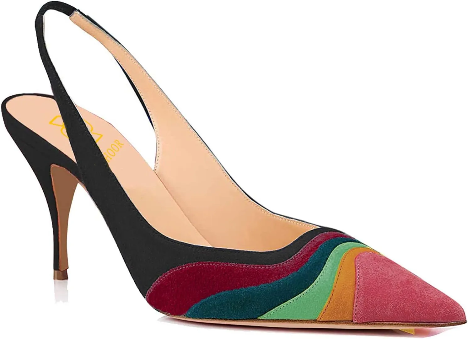 LEHOOR Women Rainbow Slingback Pumps Kitten Heels Pointed Toe Suede, Multicolor High Heel Pumps Stiletto Elastic Strap Closed Toe for Ladies Dress Party 5-13 M US