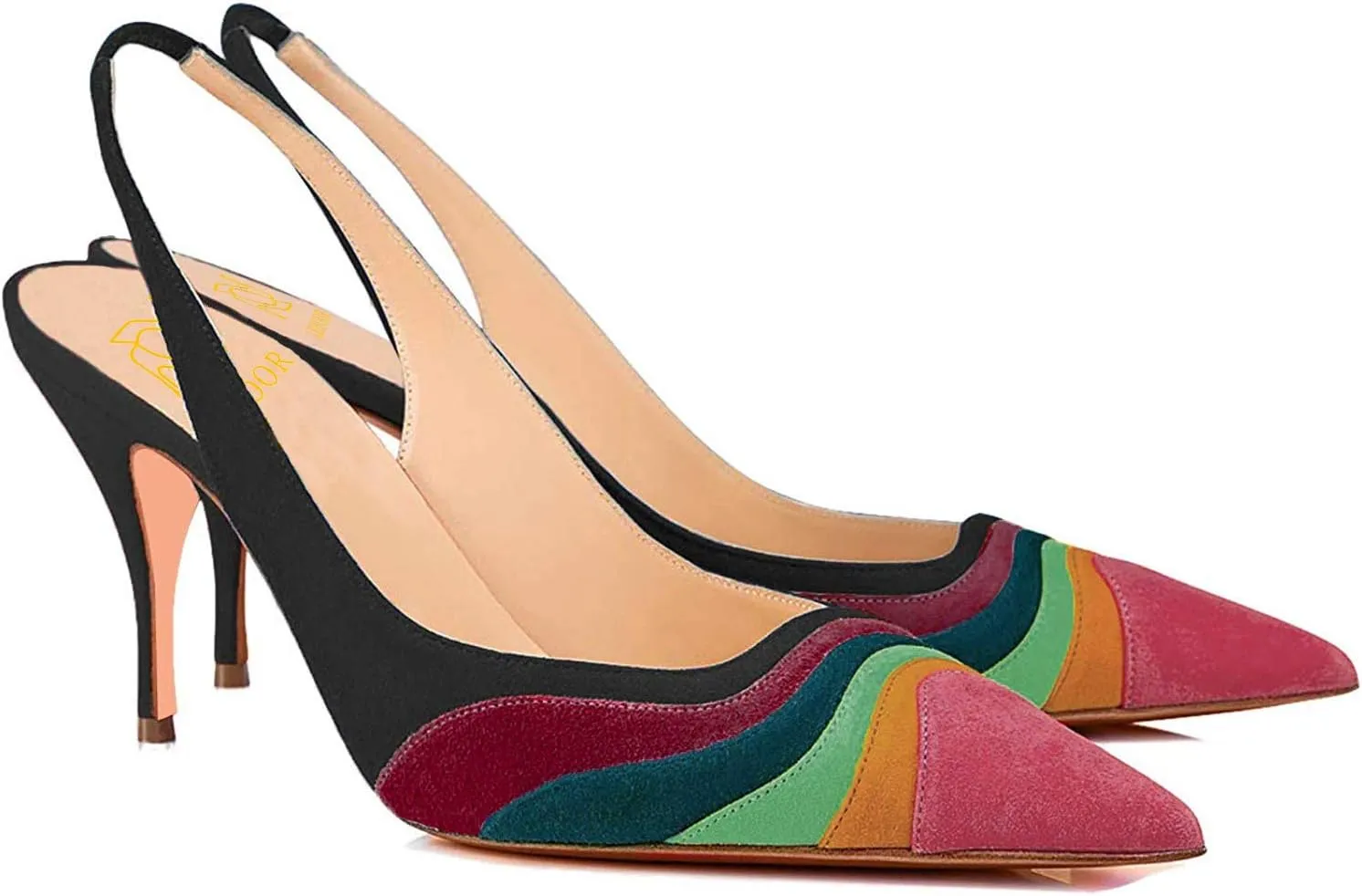 LEHOOR Women Rainbow Slingback Pumps Kitten Heels Pointed Toe Suede, Multicolor High Heel Pumps Stiletto Elastic Strap Closed Toe for Ladies Dress Party 5-13 M US