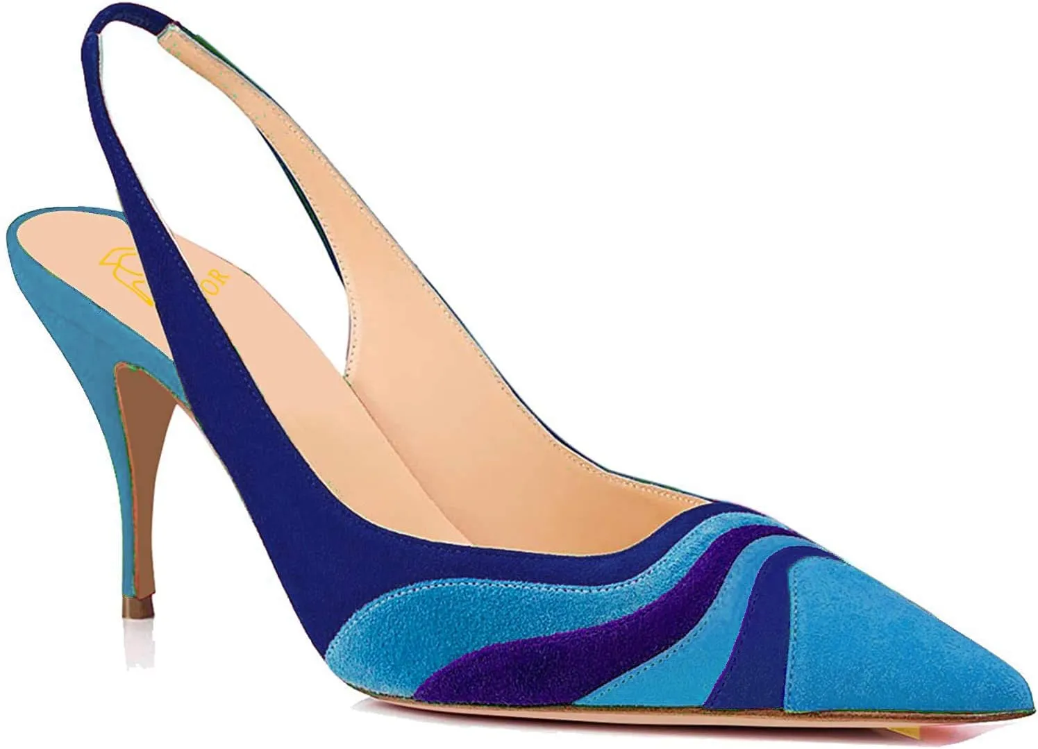 LEHOOR Women Rainbow Slingback Pumps Kitten Heels Pointed Toe Suede, Multicolor High Heel Pumps Stiletto Elastic Strap Closed Toe for Ladies Dress Party 5-13 M US