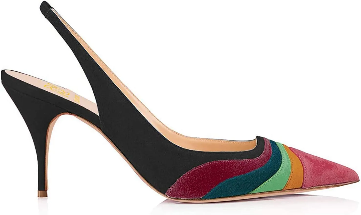 LEHOOR Women Rainbow Slingback Pumps Kitten Heels Pointed Toe Suede, Multicolor High Heel Pumps Stiletto Elastic Strap Closed Toe for Ladies Dress Party 5-13 M US