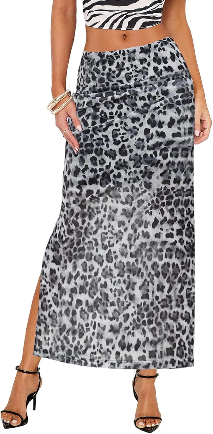 Leopard Print Maxi Skirts for Women Bodycon High Waisted A-Line Vacation Mesh Long Slit Skirt
