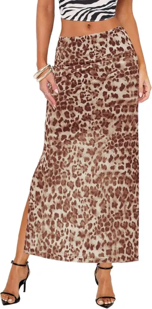 Leopard Print Maxi Skirts for Women Bodycon High Waisted A-Line Vacation Mesh Long Slit Skirt