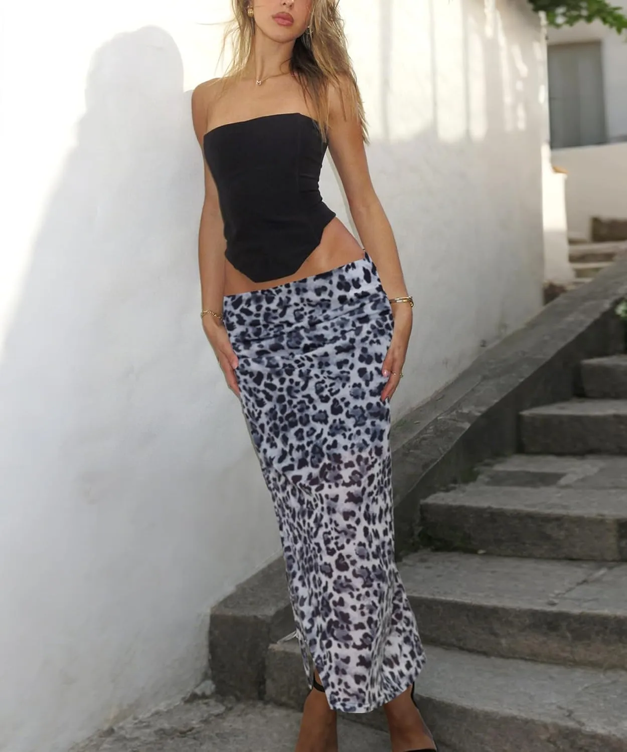 Leopard Print Maxi Skirts for Women Bodycon High Waisted A-Line Vacation Mesh Long Slit Skirt