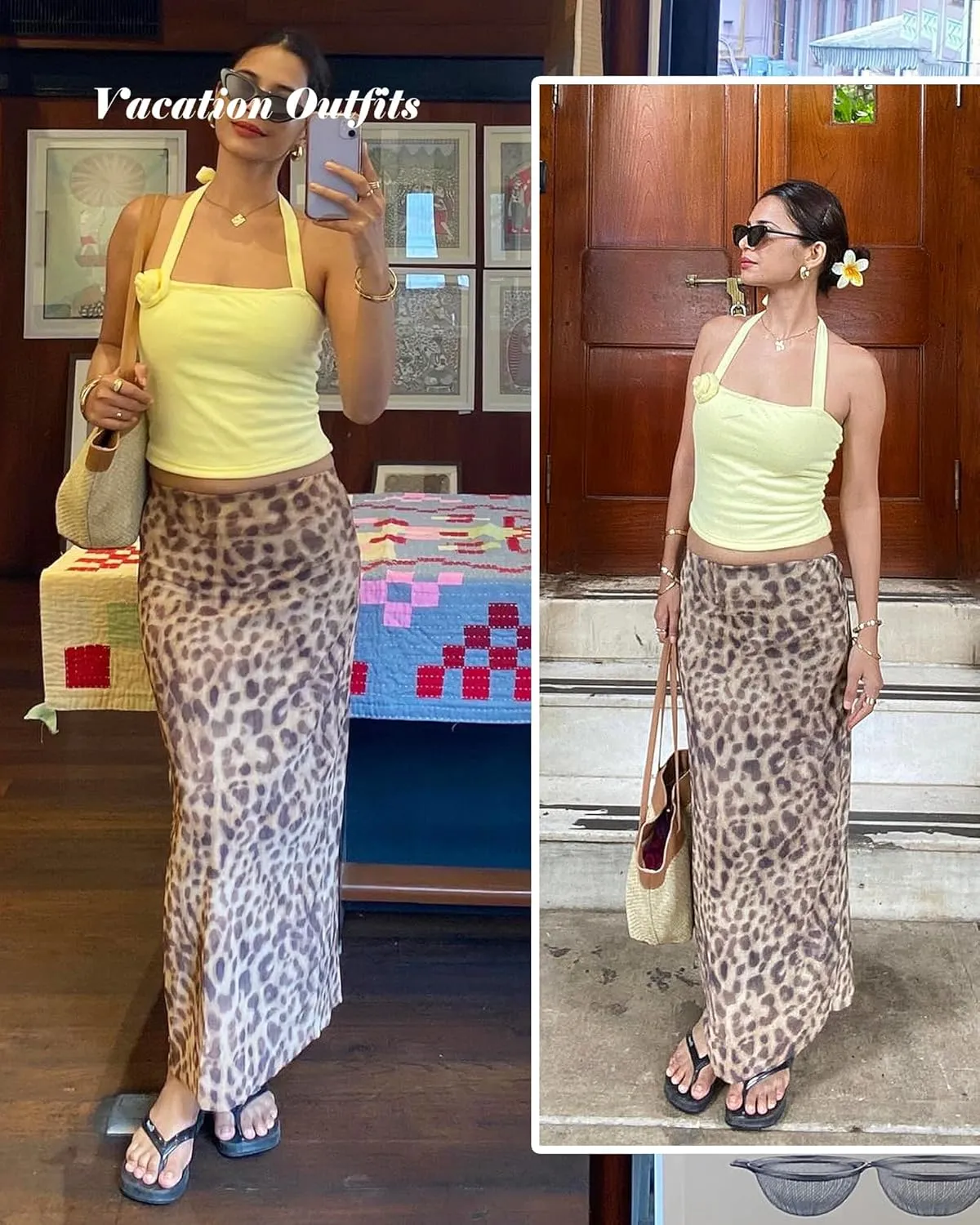 Leopard Print Maxi Skirts for Women Bodycon High Waisted A-Line Vacation Mesh Long Slit Skirt