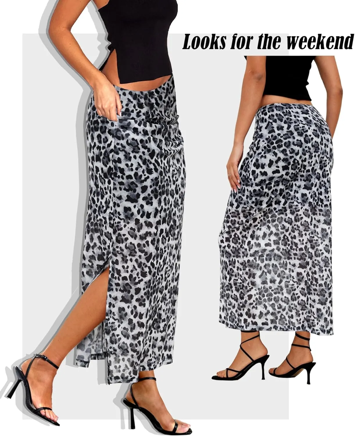 Leopard Print Maxi Skirts for Women Bodycon High Waisted A-Line Vacation Mesh Long Slit Skirt