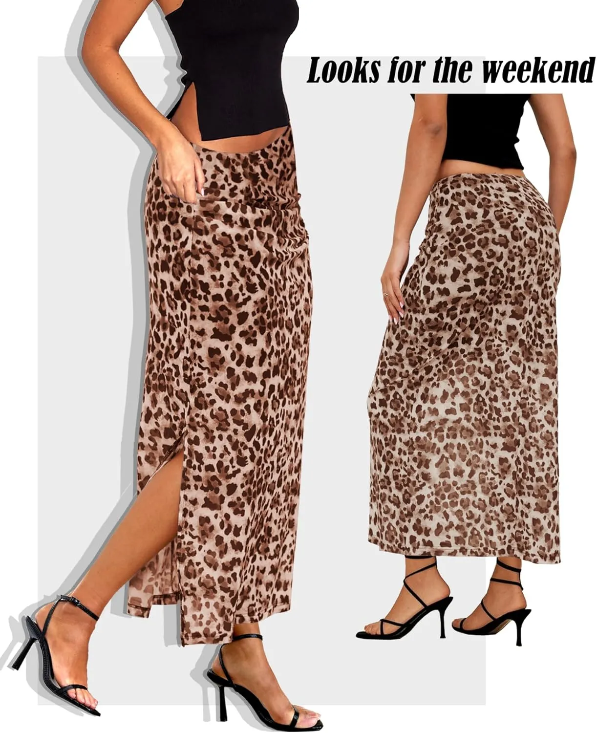 Leopard Print Maxi Skirts for Women Bodycon High Waisted A-Line Vacation Mesh Long Slit Skirt