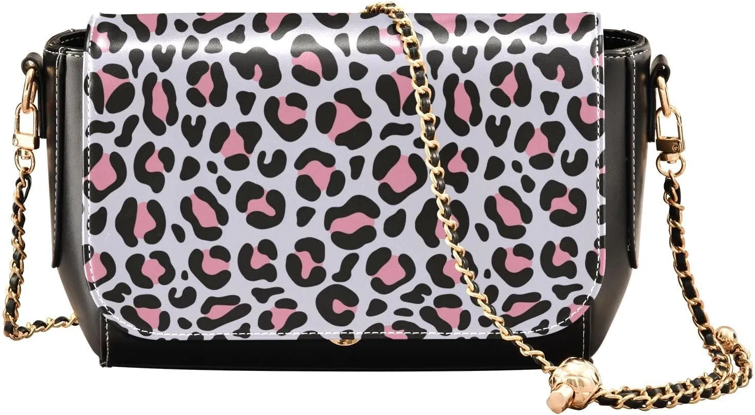 Leopard Printed in Pink Blue Crossbody Bags for Women, Trendy Small Shoulder Bag, PU Leather Clutch Purse Underarm Handbag Satchel HandBag with Adjustable Metal Chain